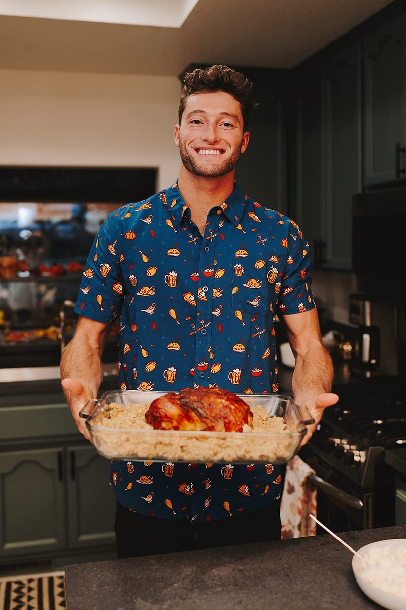 Tipsy Elves Men's Short Sleeve Holiday Button Down Shirts - Funny Christmas, Hanukkah & Thanksgiving Hawaiian Shirts for Men - Men's Navy Thanksgiving Button Up Shirt Size Medium - Image 4